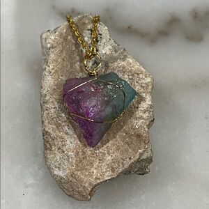 Gold Wire Wrapped Multicolor Aura Quartz Stone Pendant Necklace